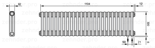 Схема (чертеж) Радиатор Zehnder Charleston 2030/24 №5510 Белый глянцевый RAL 9016